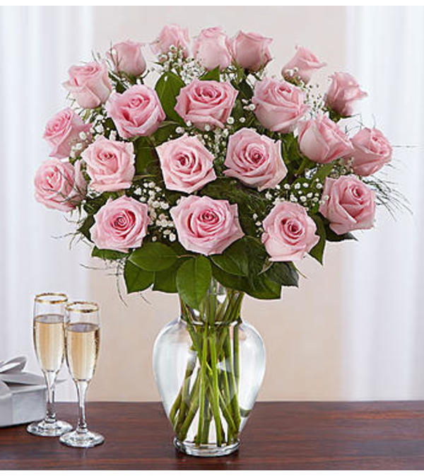 48 pink roses in clear vase with champagne valentine's day 