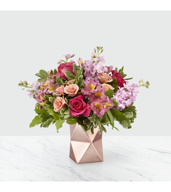 rose gold valentines day flowers in geometric vase 